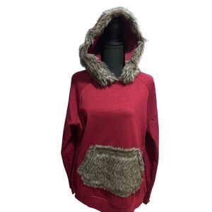 RIFLESSI XXL Burgundy Faux Fur Hood & Pocket Pullover Hoodie Sweatshirt Top NWT